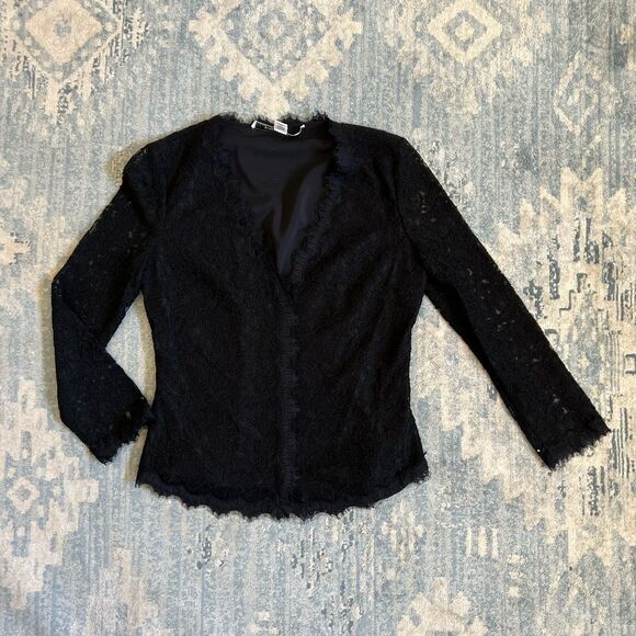 Diane von Furstenberg Shirt 6 Women Blk Lace Top ButtonUp Sheer Long Sleeve $298 - Picture 8 of 12